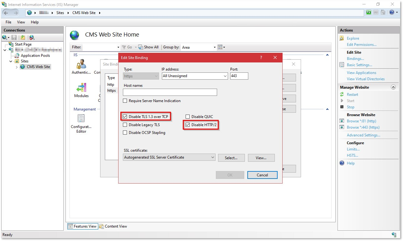 Windows Internet Information Services console displaying Edit Site Binding dialog box for CMS Web Site https binding with Disable TLS 1.3 over TCP and Disable HTTP options selected and outlined in red